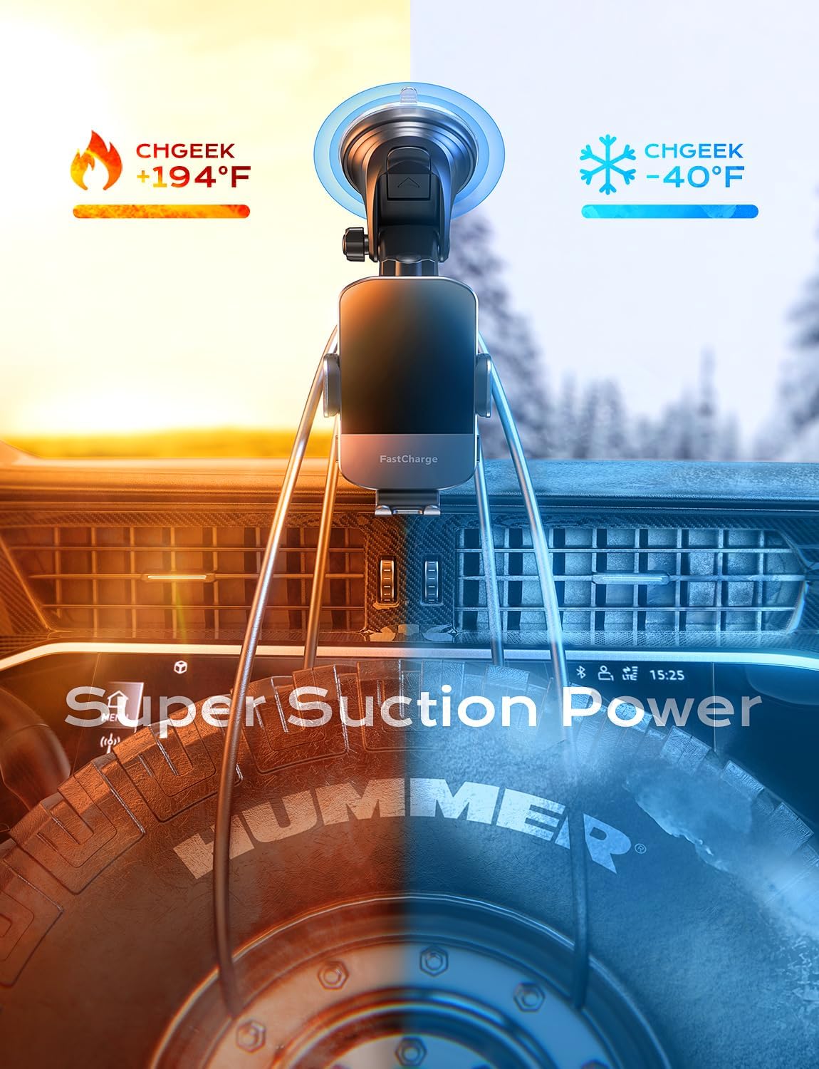 15W Charging Wireless Car Phone Mount - Black Auto-Clamping Holder with 360° Rotation, Dashboard/Windshield Suction Cup & Air Vent Clip, Fits 4.7-7" Phones, PC+ABS Firewall Material