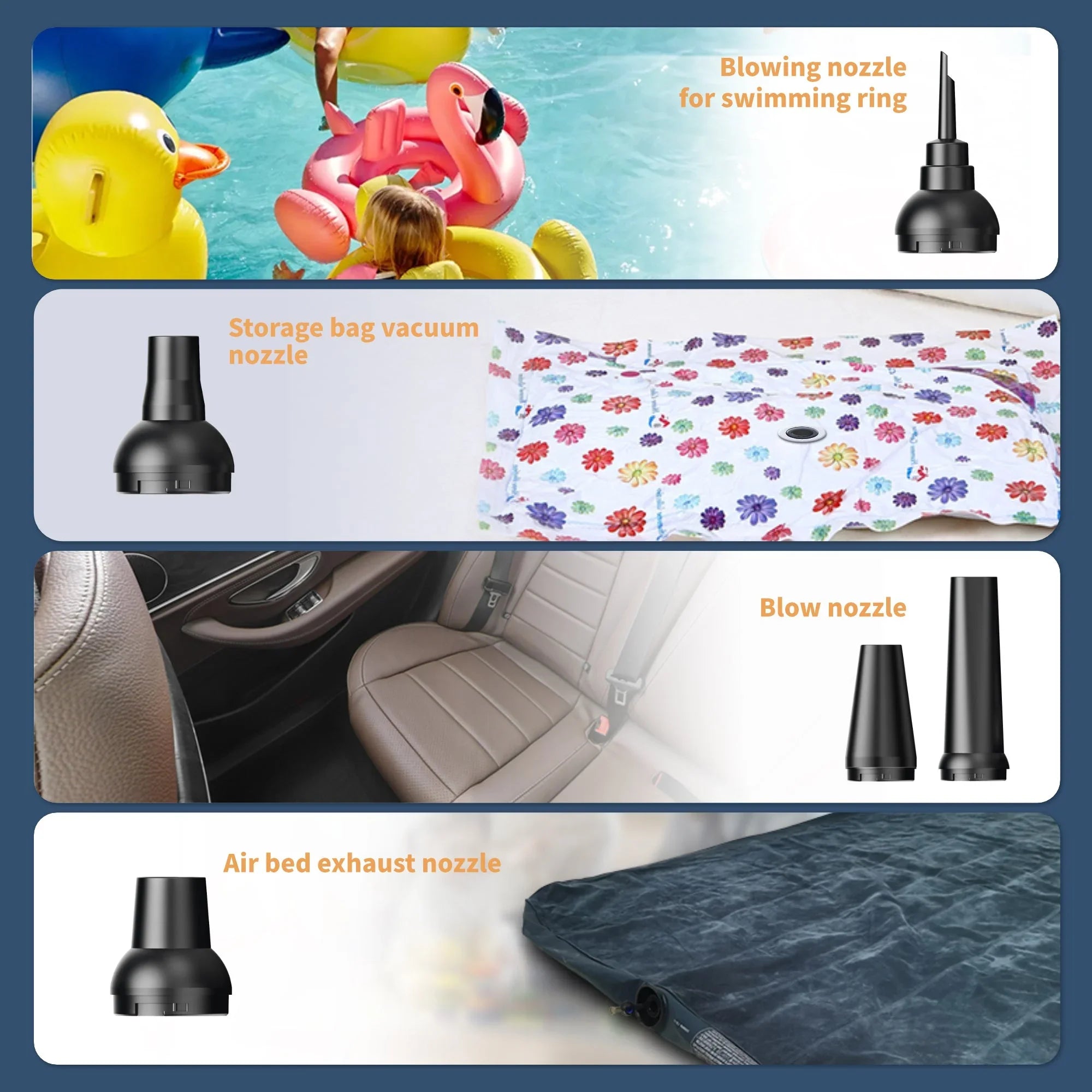 Four types of black nozzles for inflating or deflating pool toys, vacuum bags, car seats, and air beds