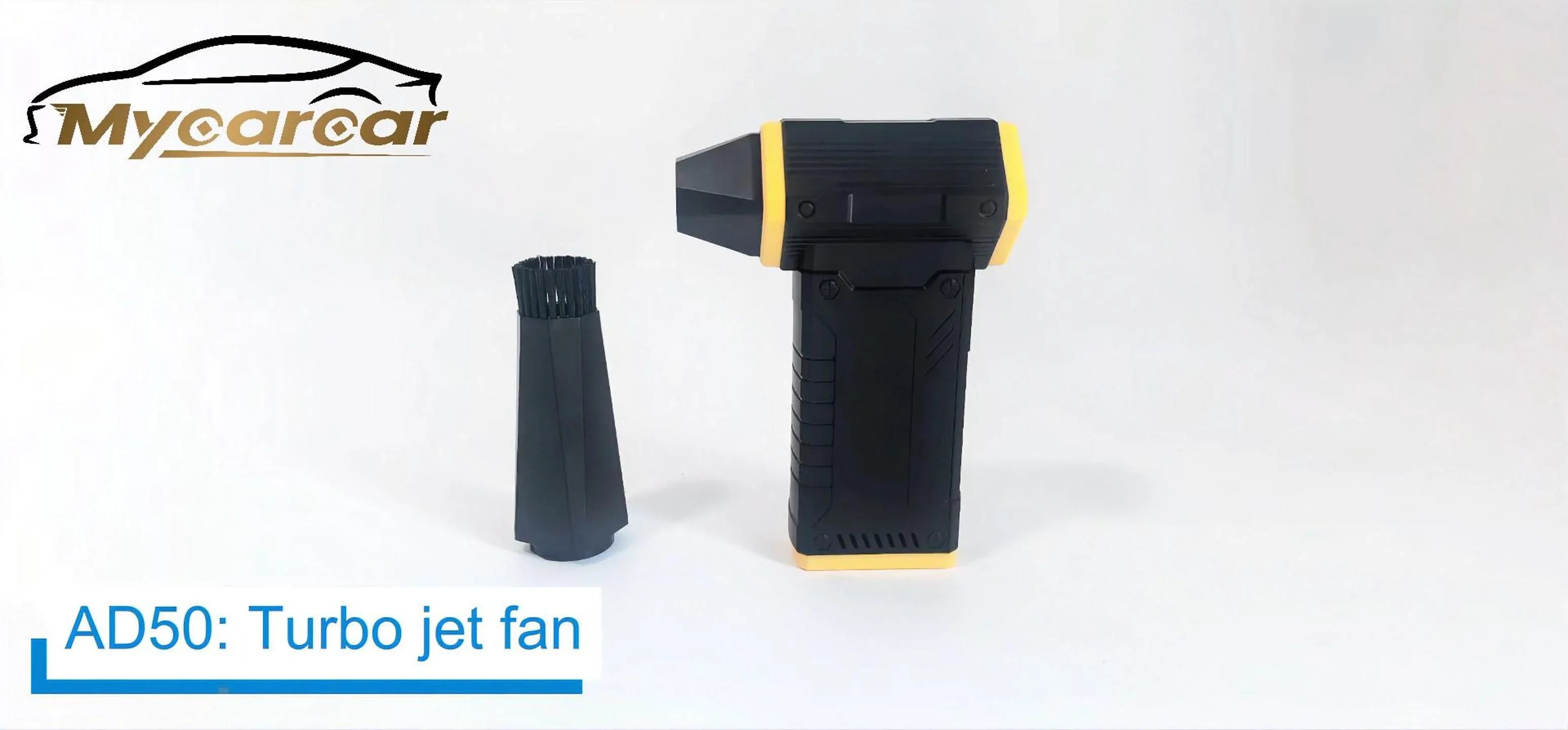 Mycarcar AD50 turbo jet fan and black brush accessory on white background