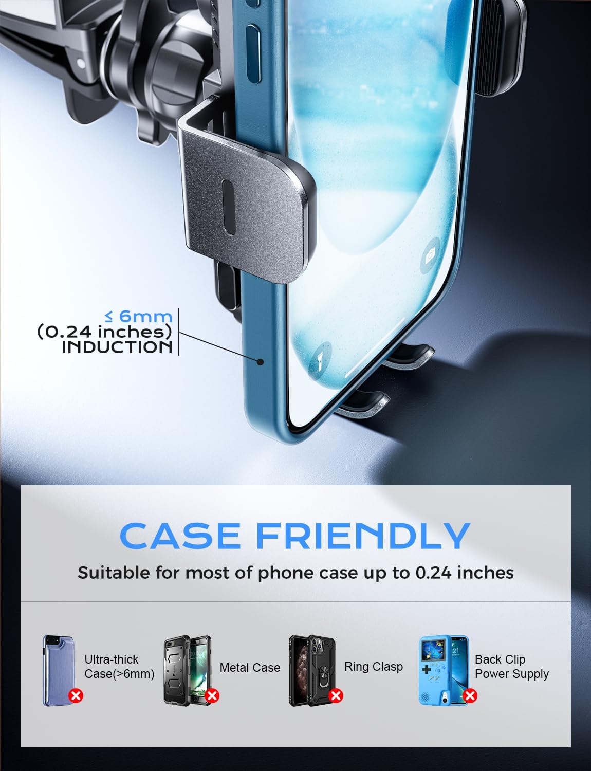 15W Charging Wireless Car Phone Mount - Black Auto-Clamping Holder with 360° Rotation, Dashboard/Windshield Suction Cup & Air Vent Clip, Fits 4.7-7" Phones, PC+ABS Firewall Material