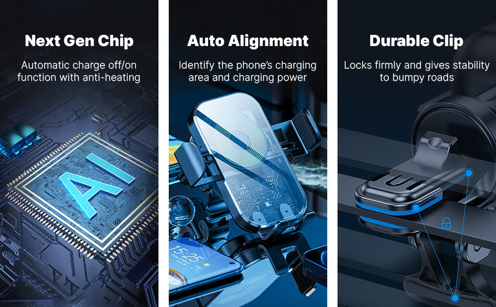 15W Charging Wireless Car Phone Mount - Black Auto-Clamping Holder with 360° Rotation, Dashboard/Windshield Suction Cup & Air Vent Clip, Fits 4.7-7" Phones, PC+ABS Firewall Material