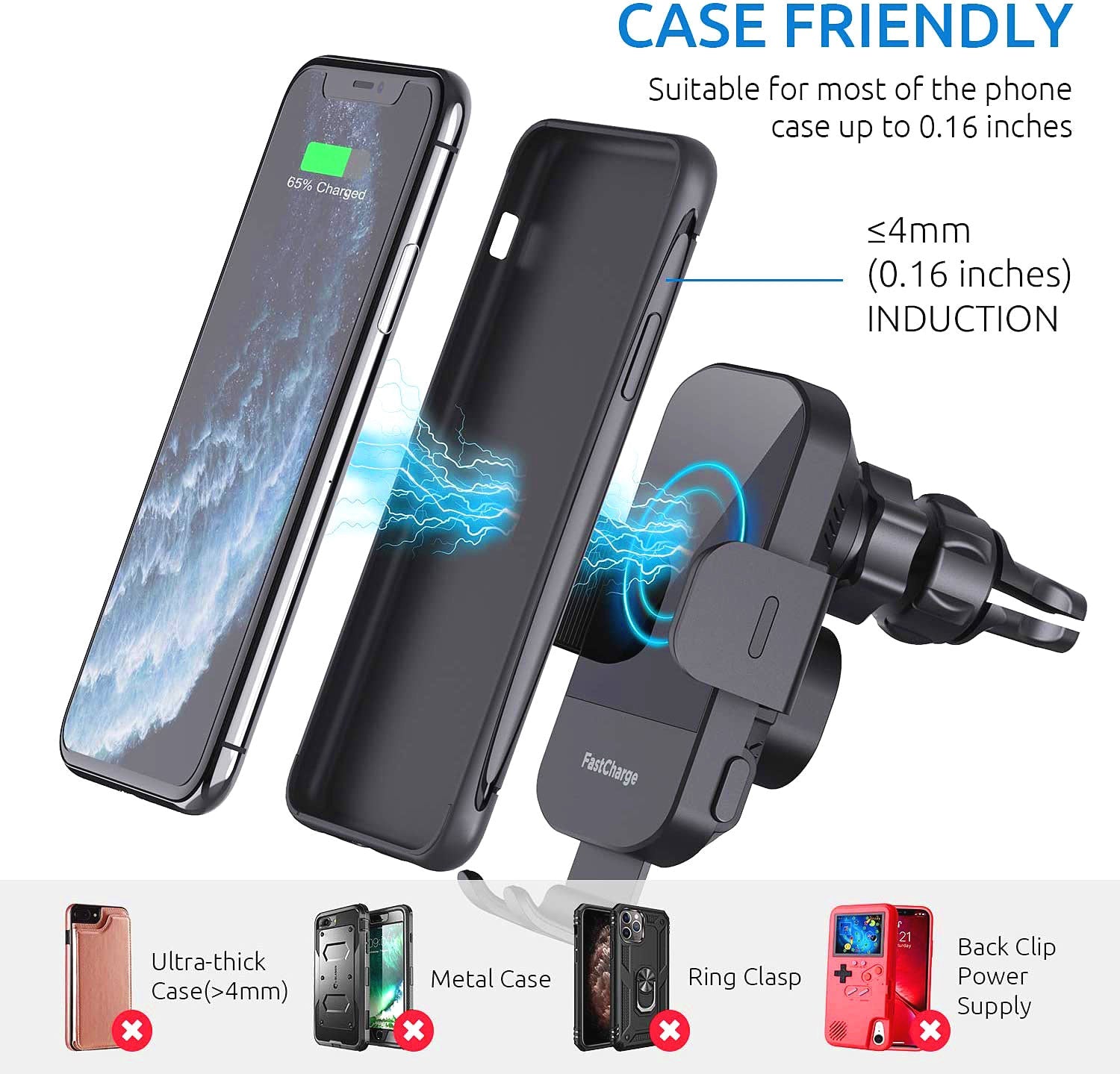 15W Charging Wireless Car Phone Mount - Black Auto-Clamping Holder with 360° Rotation, Dashboard/Windshield Suction Cup & Air Vent Clip, Fits 4.7-7" Phones, PC+ABS Firewall Material