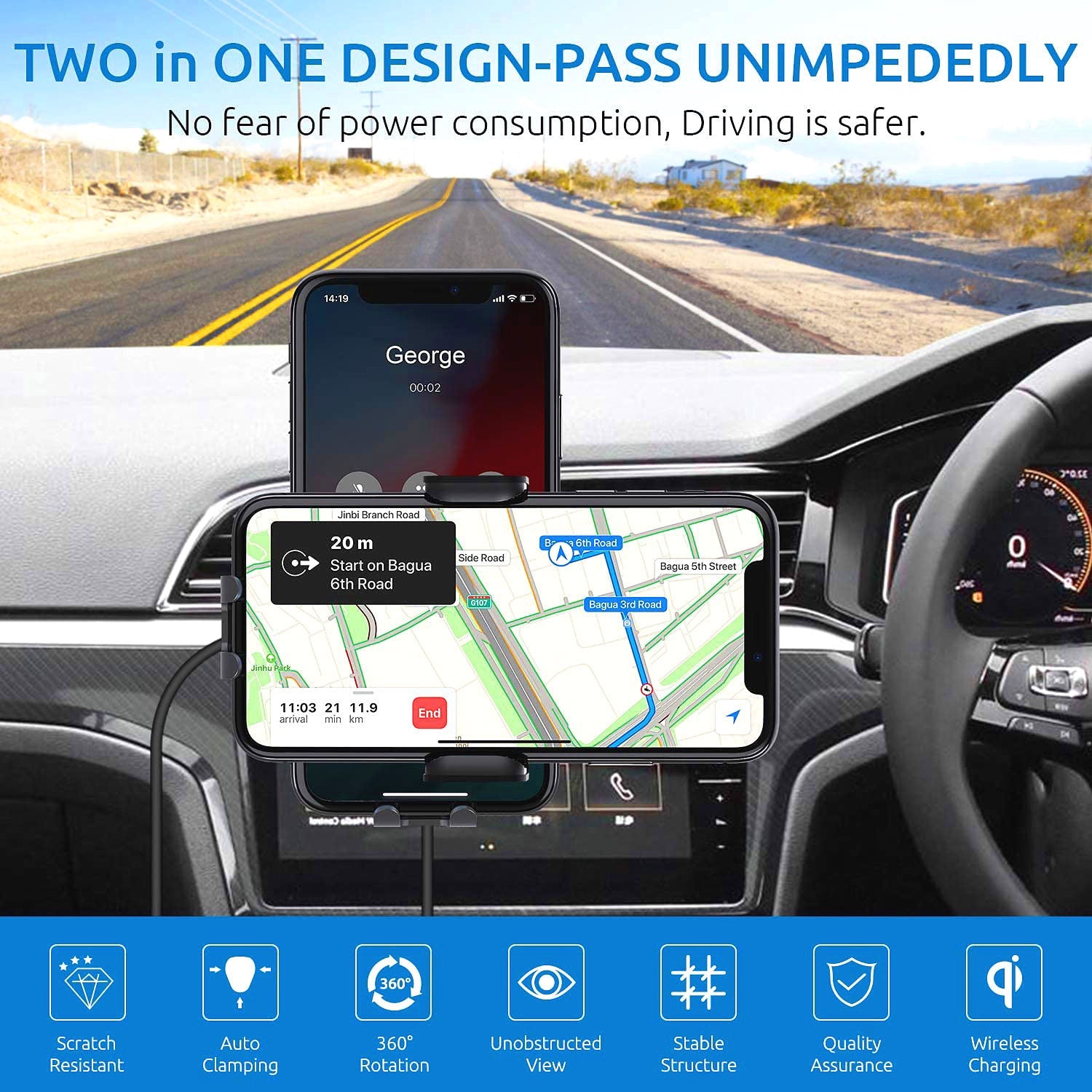 15W Charging Wireless Car Phone Mount - Black Auto-Clamping Holder with 360° Rotation, Dashboard/Windshield Suction Cup & Air Vent Clip, Fits 4.7-7" Phones, PC+ABS Firewall Material