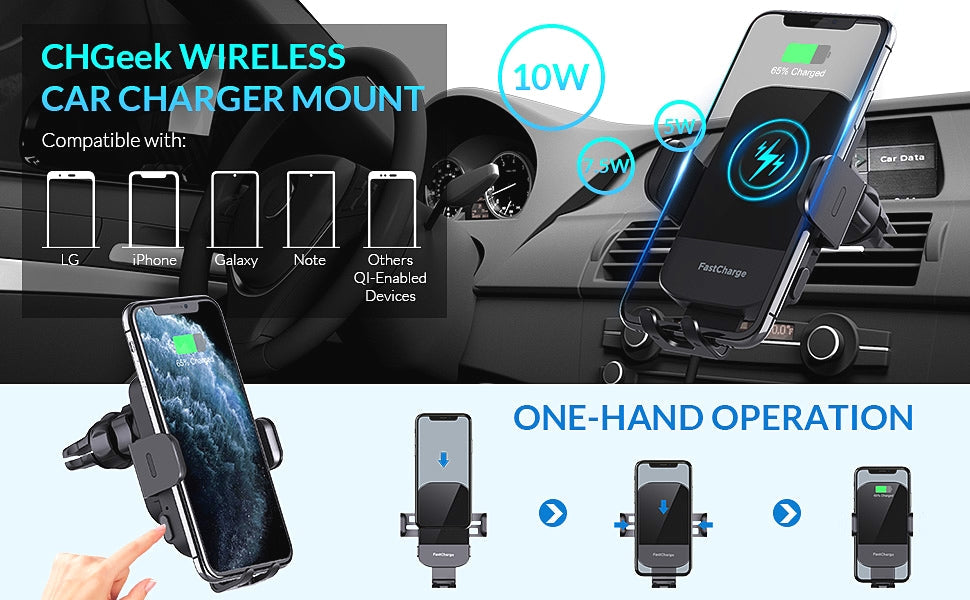 15W Charging Wireless Car Phone Mount - Black Auto-Clamping Holder with 360° Rotation, Dashboard/Windshield Suction Cup & Air Vent Clip, Fits 4.7-7" Phones, PC+ABS Firewall Material
