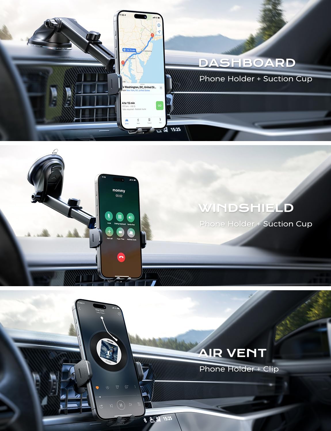 15W Charging Wireless Car Phone Mount - Black Auto-Clamping Holder with 360° Rotation, Dashboard/Windshield Suction Cup & Air Vent Clip, Fits 4.7-7" Phones, PC+ABS Firewall Material