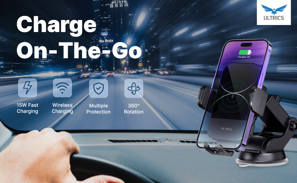 15W Charging Wireless Car Phone Mount - Black Auto-Clamping Holder with 360° Rotation, Dashboard/Windshield Suction Cup & Air Vent Clip, Fits 4.7-7" Phones, PC+ABS Firewall Material