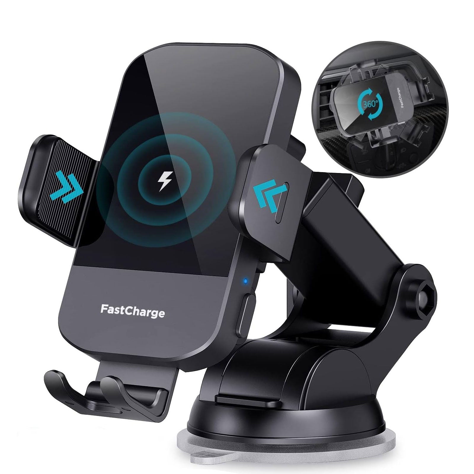 15W Charging Wireless Car Phone Mount - Black Auto-Clamping Holder with 360° Rotation, Dashboard/Windshield Suction Cup & Air Vent Clip, Fits 4.7-7" Phones, PC+ABS Firewall Material