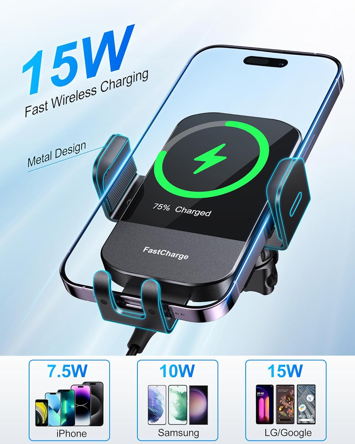 15W Charging Wireless Car Phone Mount - Black Auto-Clamping Holder with 360° Rotation, Dashboard/Windshield Suction Cup & Air Vent Clip, Fits 4.7-7" Phones, PC+ABS Firewall Material