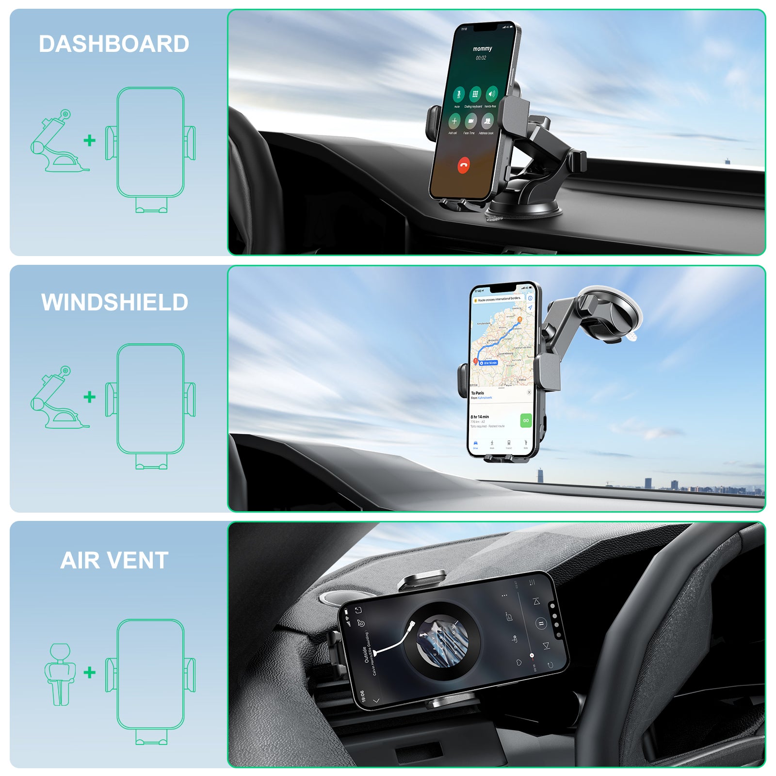15W Charging Wireless Car Phone Mount - Black Auto-Clamping Holder with 360° Rotation, Dashboard/Windshield Suction Cup & Air Vent Clip, Fits 4.7-7" Phones, PC+ABS Firewall Material